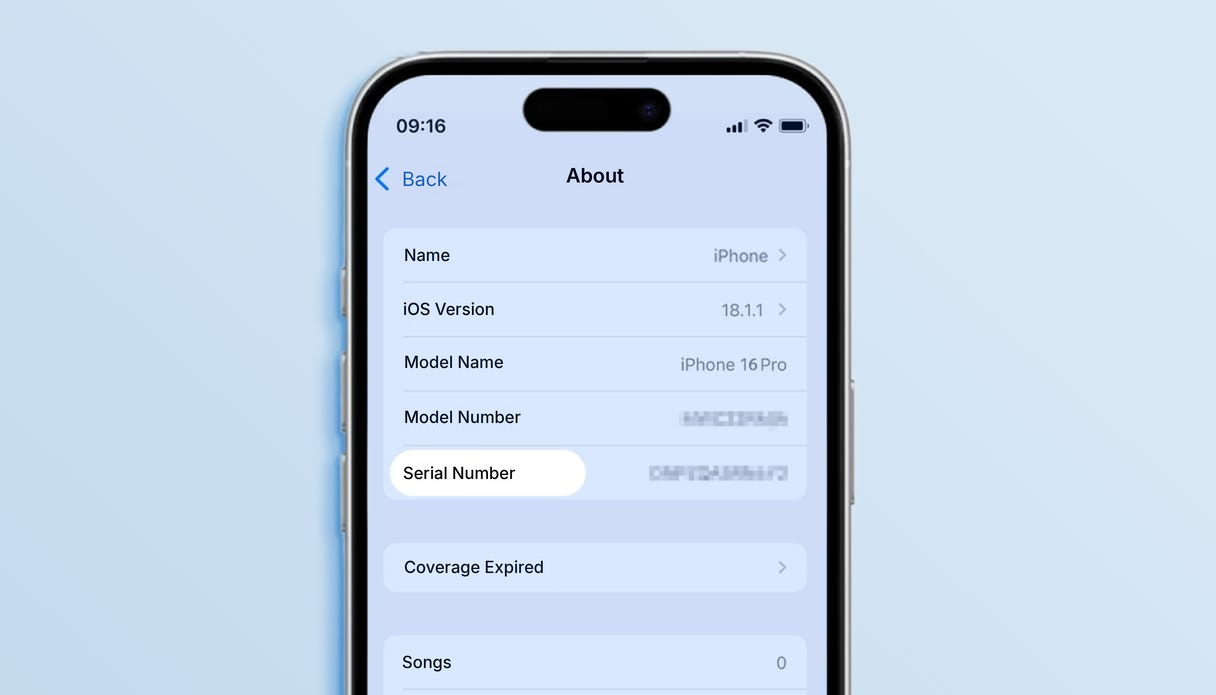 iPhone screen showing how to find the serial number via the settings.
