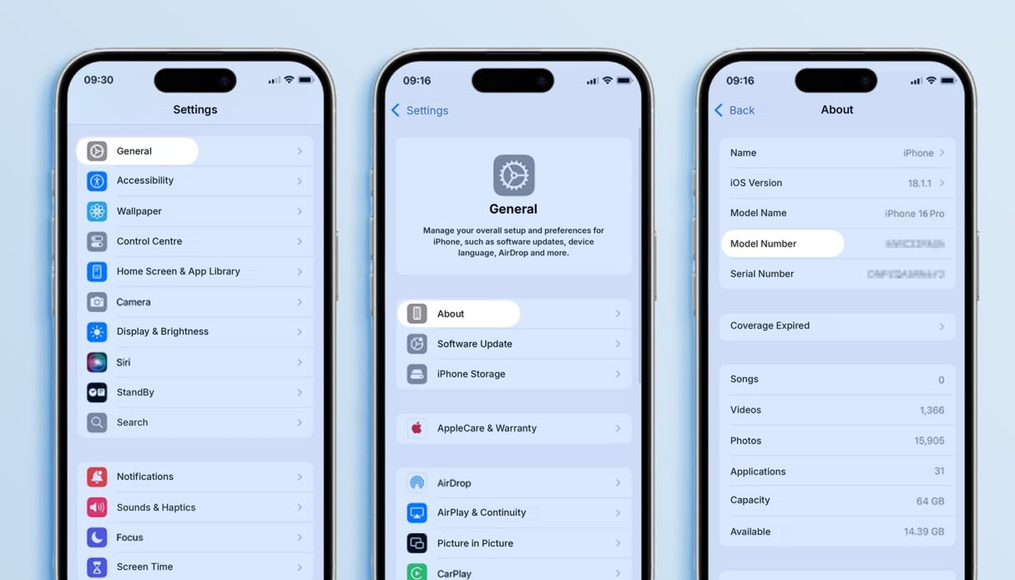 iPhone screens showing how to find a model number via the settings.