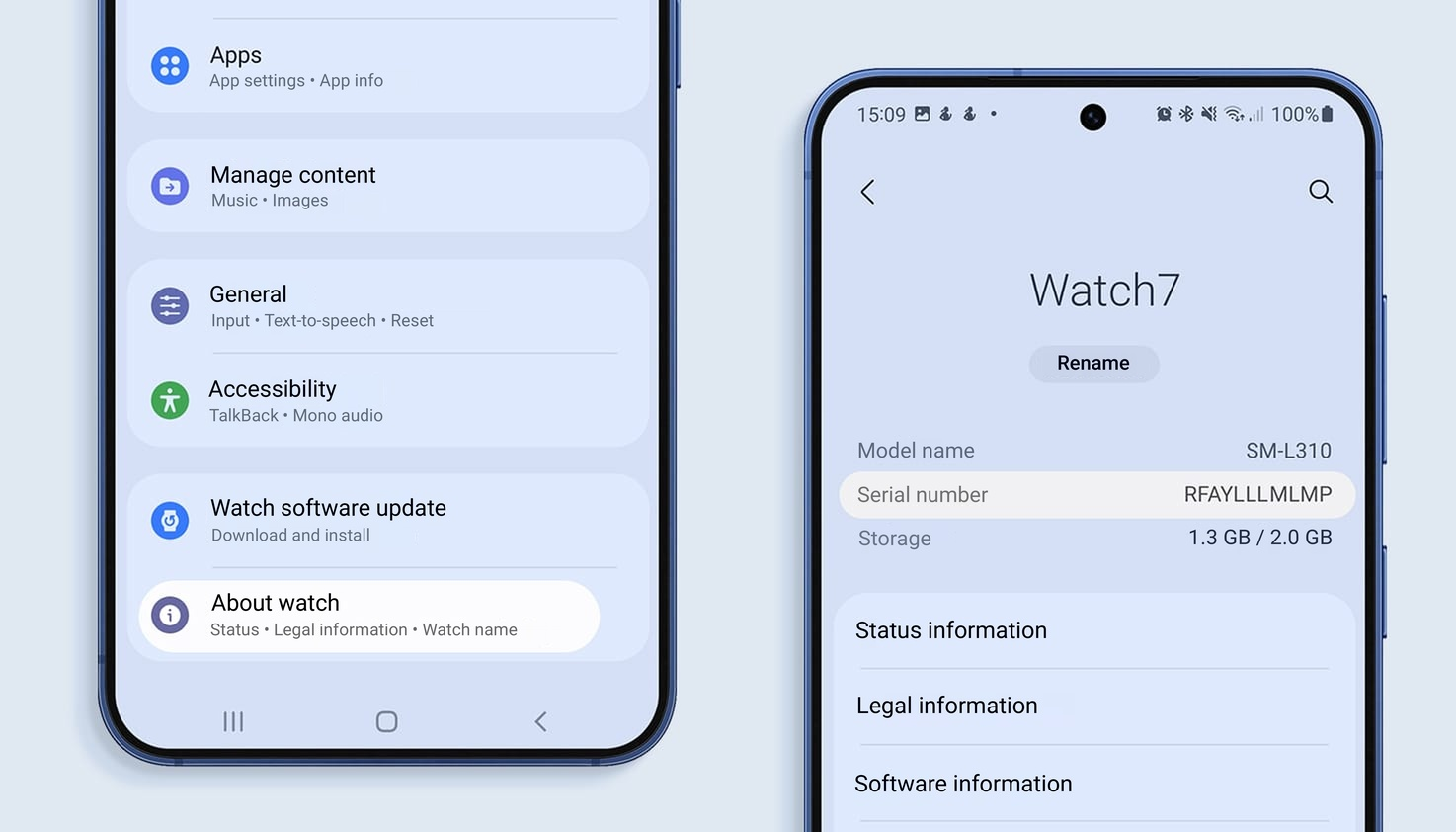 The phone settings to use when finding the serial number of your Samsung Watch.