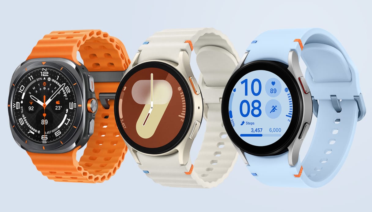 Three different Samsung Galaxy Watches side by side.
